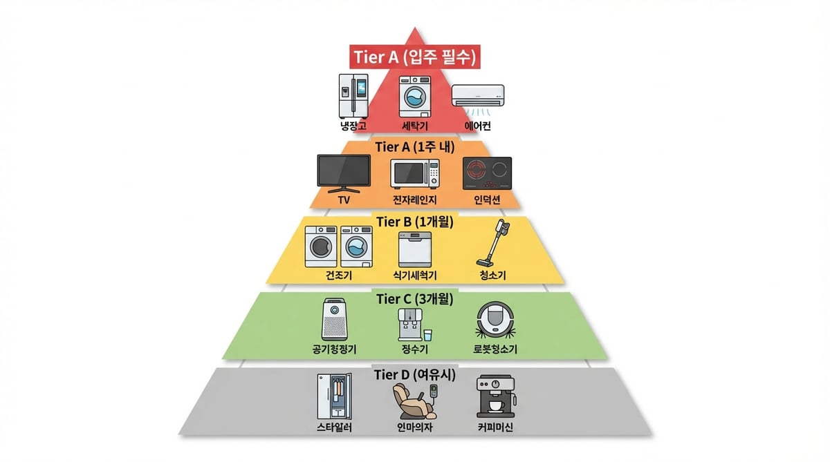 신혼가전 우선순위 맵 — A등급(입주 필수)부터 D등급(여유 시)까지 5단계 분류 인포그래픽