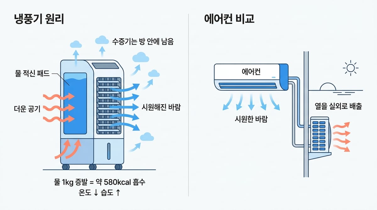 냉풍기 기화 냉각 원리 인포그래픽 — 더운 공기가 물 적신 패드를 지나며 시원해지지만 수증기는 방 안에 남고, 에어컨은 실외기로 열을 밖에 배출한다는 구조 비교