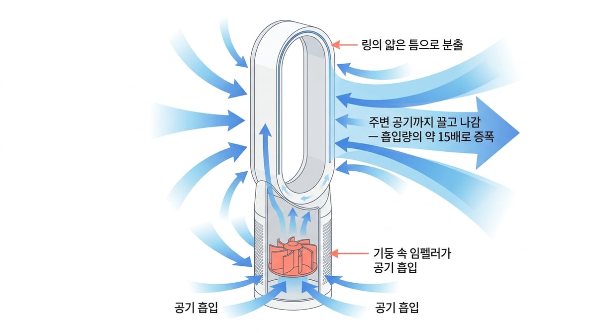 날개없는 선풍기 작동 원리 단면 인포그래픽 — 기둥 속 임펠러가 공기를 흡입해 링의 얇은 틈으로 분출하고 주변 공기까지 끌고 나가 흡입량의 약 15배로 증폭