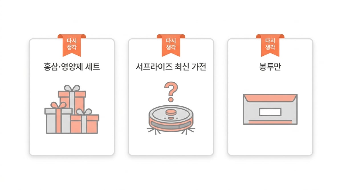 다시 생각해볼 추석 선물 3가지 인포그래픽 — 홍삼·영양제 세트, 서프라이즈 최신 가전, 봉투만