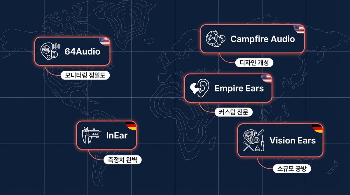 하이엔드 IEM 브랜드 지도 인포그래픽 - 64Audio, InEar, Campfire Audio, Empire Ears, Vision Ears
