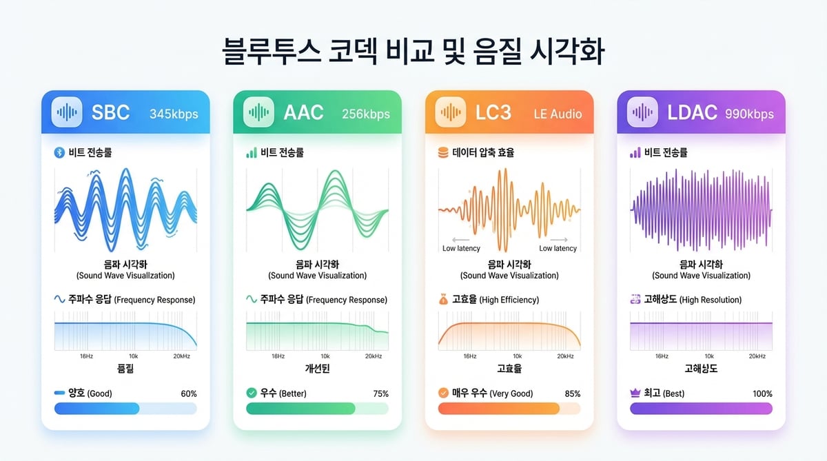 블루투스 코덱별 비트레이트 비교 인포그래픽 — SBC 345kbps, AAC 256kbps, LC3 LE Audio, LDAC 990kbps