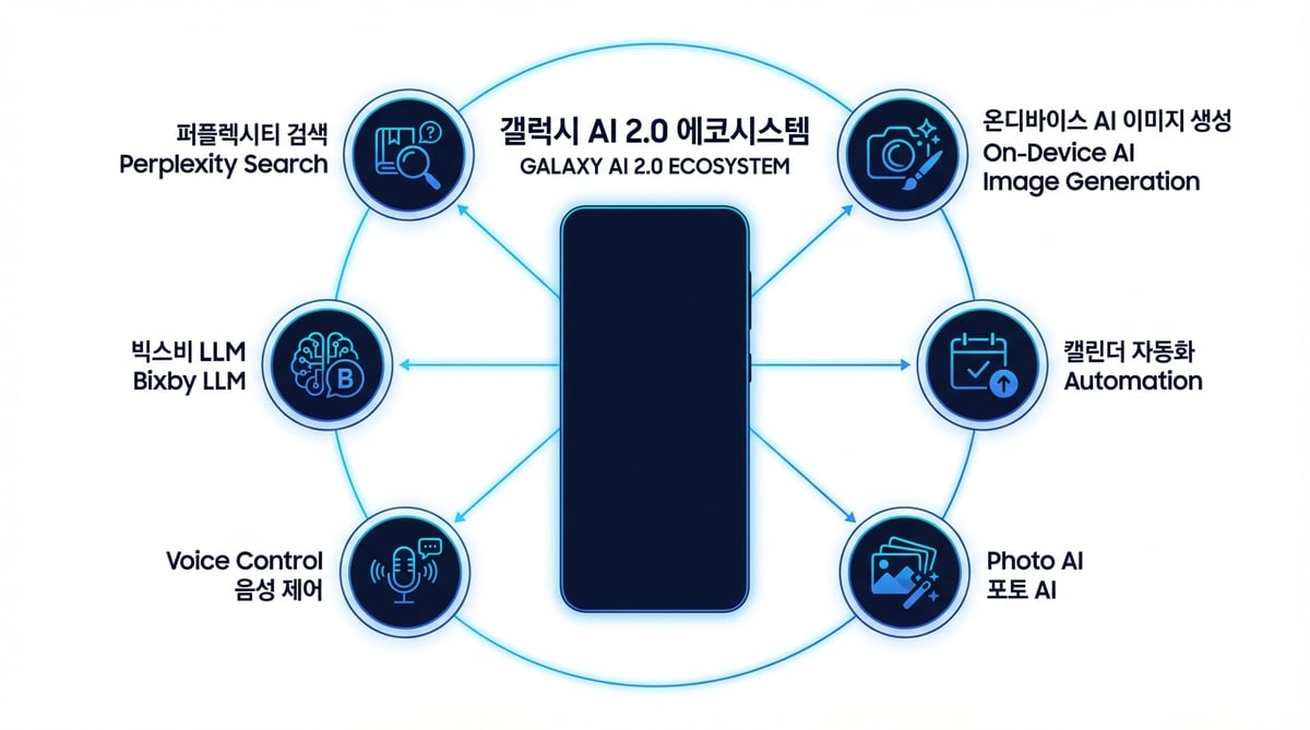 Galaxy AI 2.0 기능 생태계 인포그래픽 — 빅스비 LLM, Perplexity 검색, 온디바이스 이미지 생성, 음성 제어, 사진 AI, 캘린더 자동화