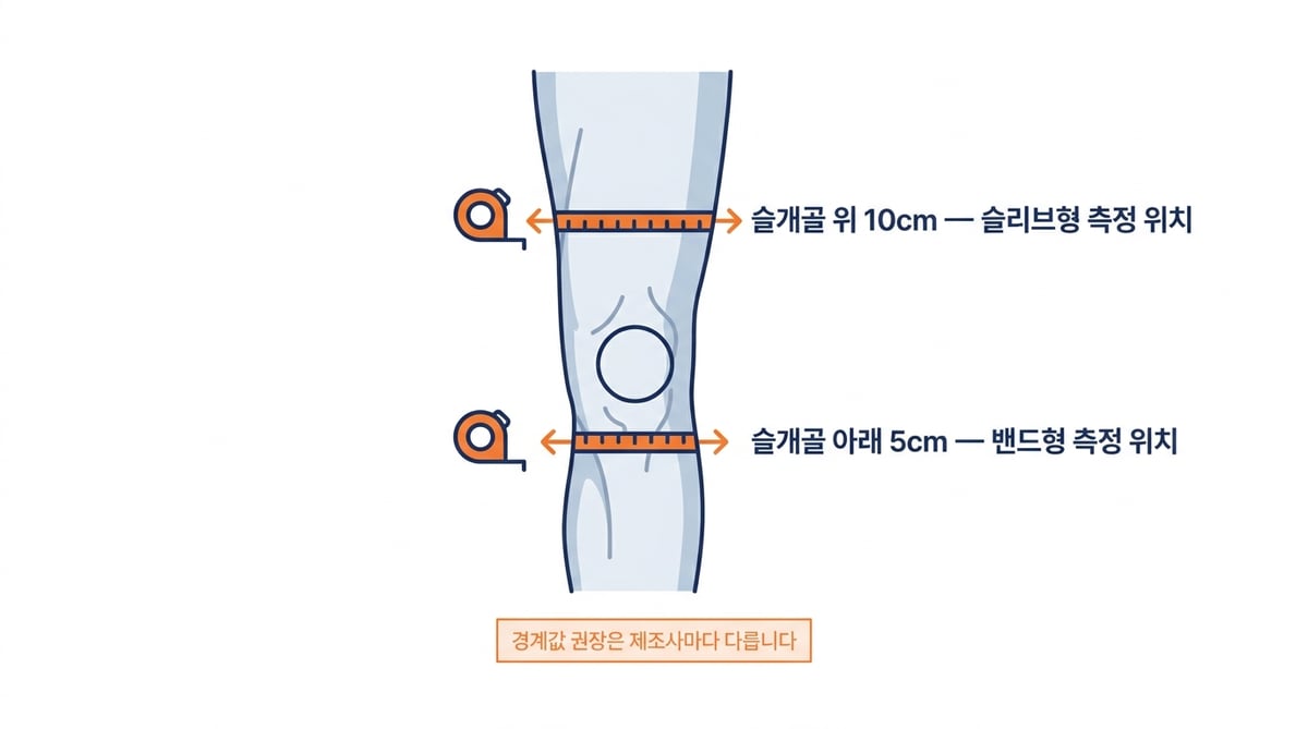 무릎보호대 사이즈 측정 위치 인포그래픽, 슬리브형은 슬개골 위 10cm 둘레·밴드형은 슬개골 아래 5cm 둘레를 재며 경계값 권장은 제조사마다 다르다