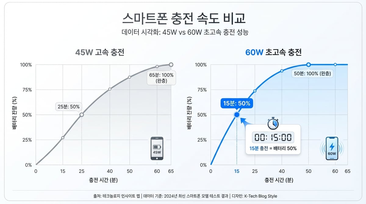 스마트폰 충전 속도 비교 인포그래픽 — 45W는 65분 완충, 60W는 50분 완충, 0에서 50% 구간에서 60W가 15분으로 더 빠른 것을 보여주는 차트