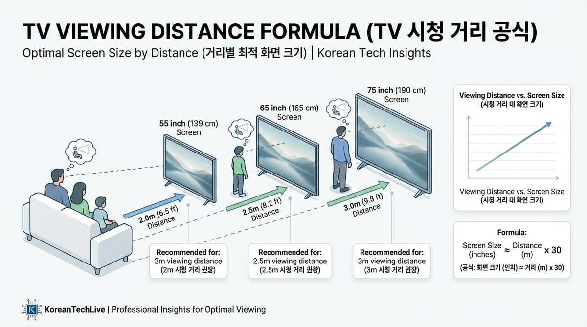 TV 시청거리별 추천 화면 크기를 보여주는 인포그래픽 — 2m에 55인치, 2.5m에 65인치, 3m에 75인치
