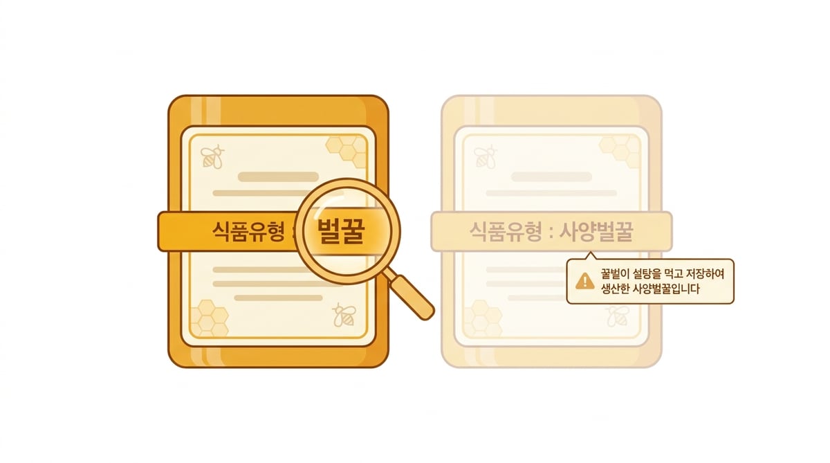 꿀 라벨의 식품유형 칸에 벌꿀과 사양벌꿀이 어떻게 적히는지 보여 주는 설명 그림