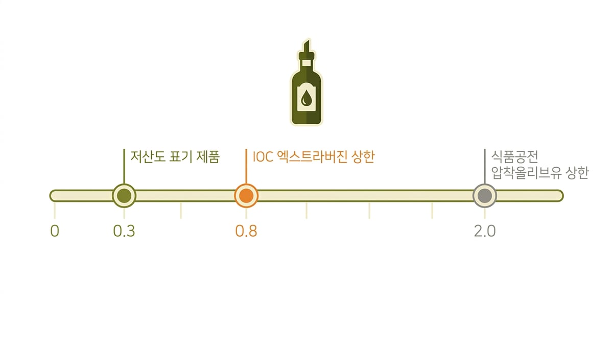 올리브오일 산도 0.3·0.8·2.0 기준선을 눈금으로 나타낸 설명 그림