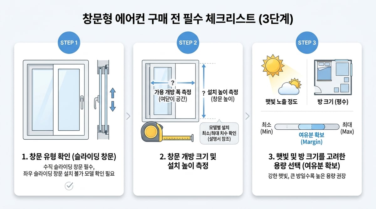 창문 개폐 방식, 설치 가능 폭과 높이, 방 크기와 일사량을 확인하는 창문형 에어컨 구매 전 체크리스트