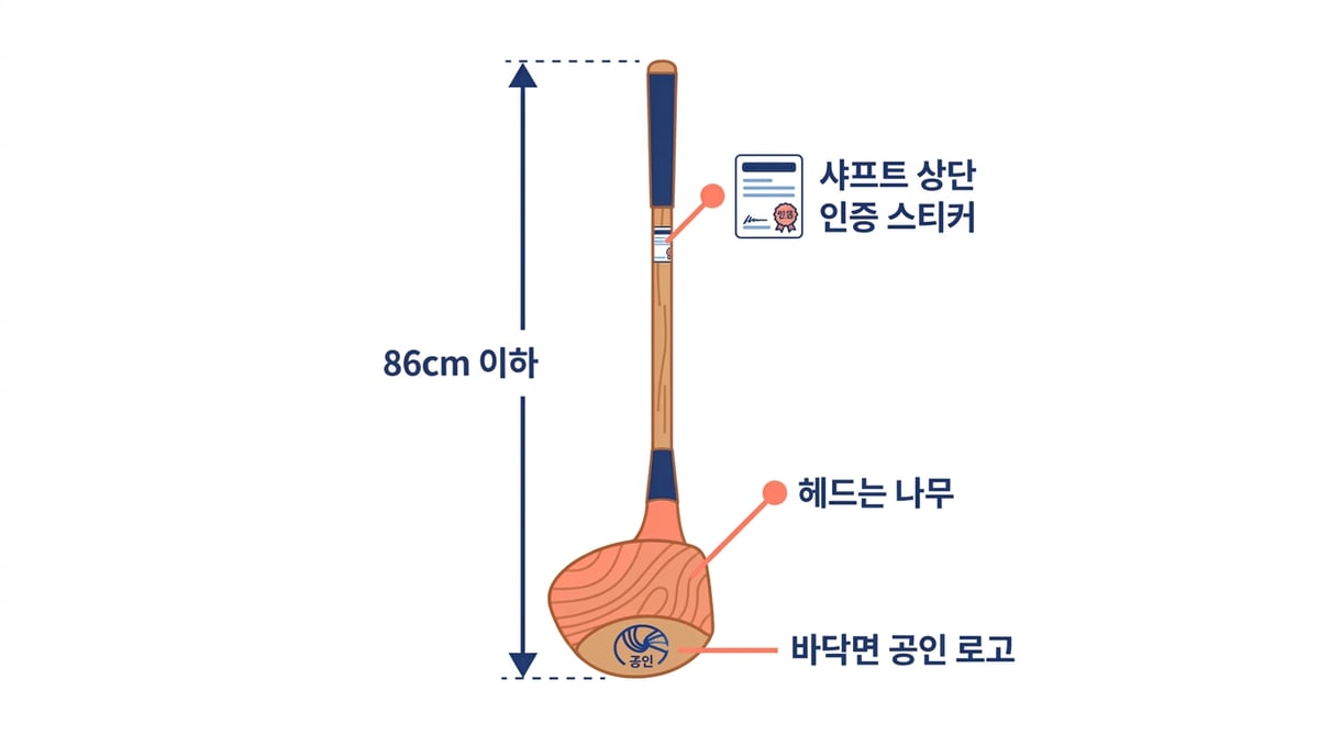 파크골프채 규격 인포그래픽: 길이 86cm 이하, 헤드는 나무, 바닥면 공인 로고, 샤프트 상단 인증 스티커