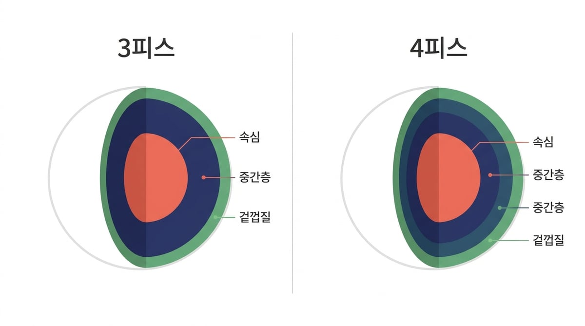 파크골프공 단면 비교: 3피스는 속심·중간층·겉껍질, 4피스는 속심·중간층 두 겹·겉껍질