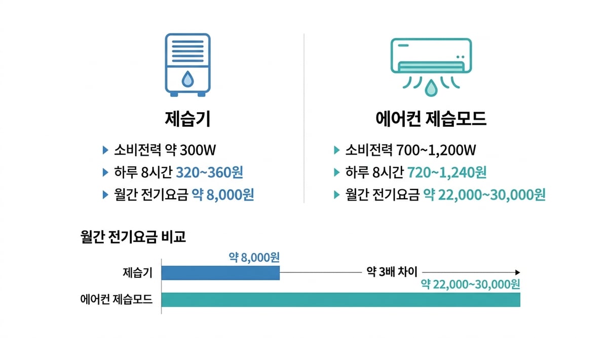제습기(약 300W, 월 약 8,000원)와 에어컨 제습모드(700~1,200W, 월 약 22,000~30,000원)의 전기요금 비교 인포그래픽