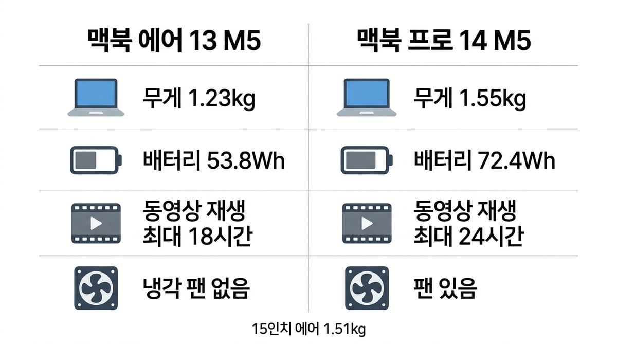 맥북 에어 13 M5와 맥북 프로 14 M5 비교 인포그래픽 — 무게 1.23kg 대 1.55kg, 배터리 53.8Wh 대 72.4Wh, 동영상 재생 최대 18시간 대 24시간, 냉각 팬 없음 대 팬 있음, 15인치 에어 1.51kg