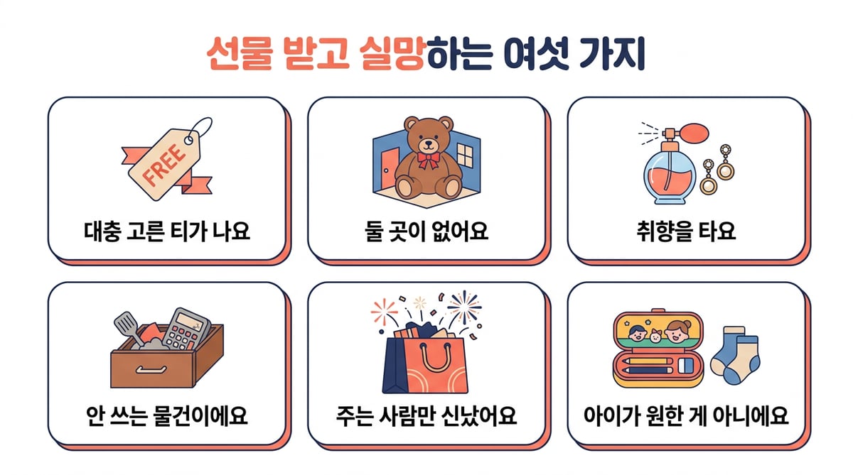 선물 받고 실망하는 여섯 가지: 대충 고른 티가 나요, 둘 곳이 없어요, 취향을 타요, 안 쓰는 물건이에요, 주는 사람만 신났어요, 아이가 원한 게 아니에요