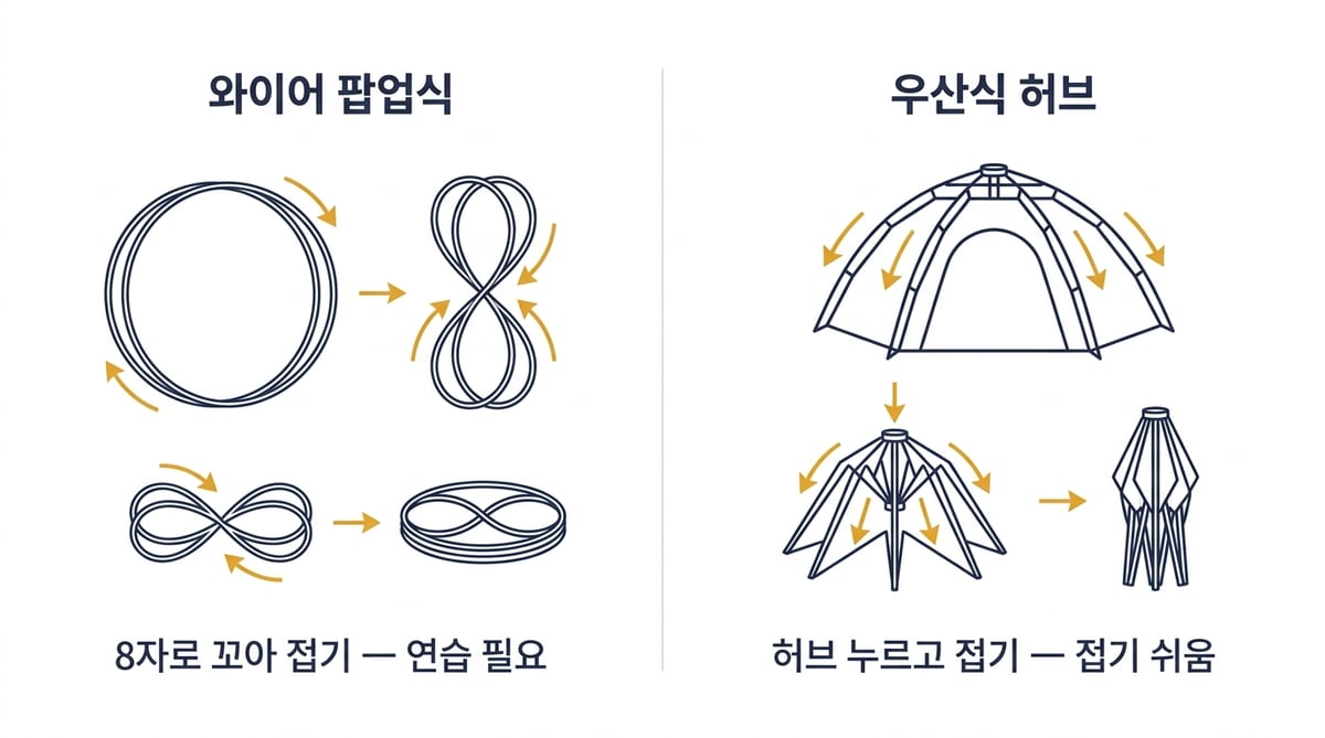 원터치텐트 접는 방식 비교 인포그래픽 — 와이어 팝업식 8자 접기와 우산식 허브