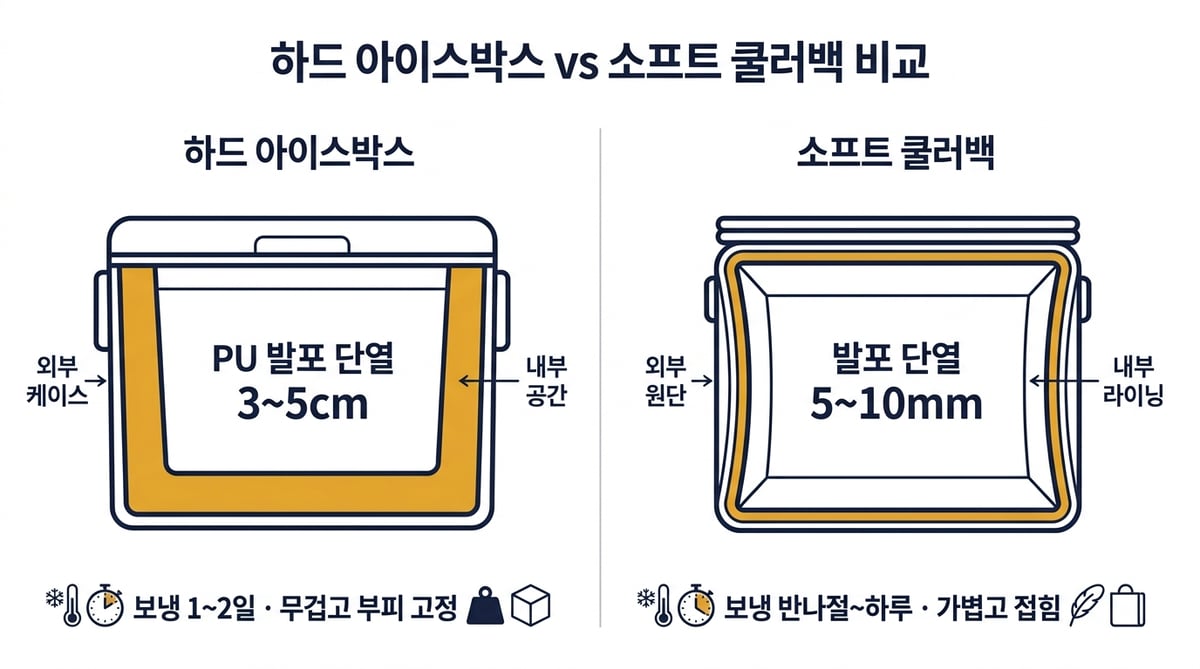 하드 아이스박스와 소프트 쿨러백 단면 비교 인포그래픽 — 단열재 두께 차이