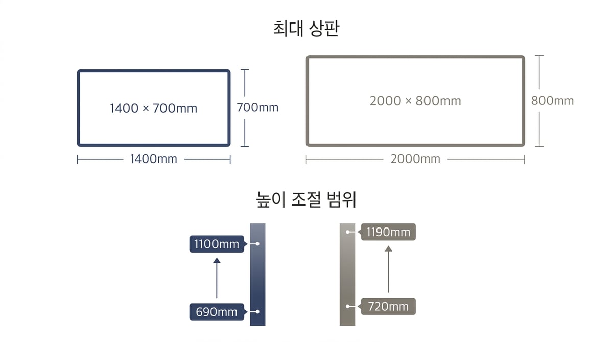 최대 상판 크기와 높이 조절 범위 비교 그래프