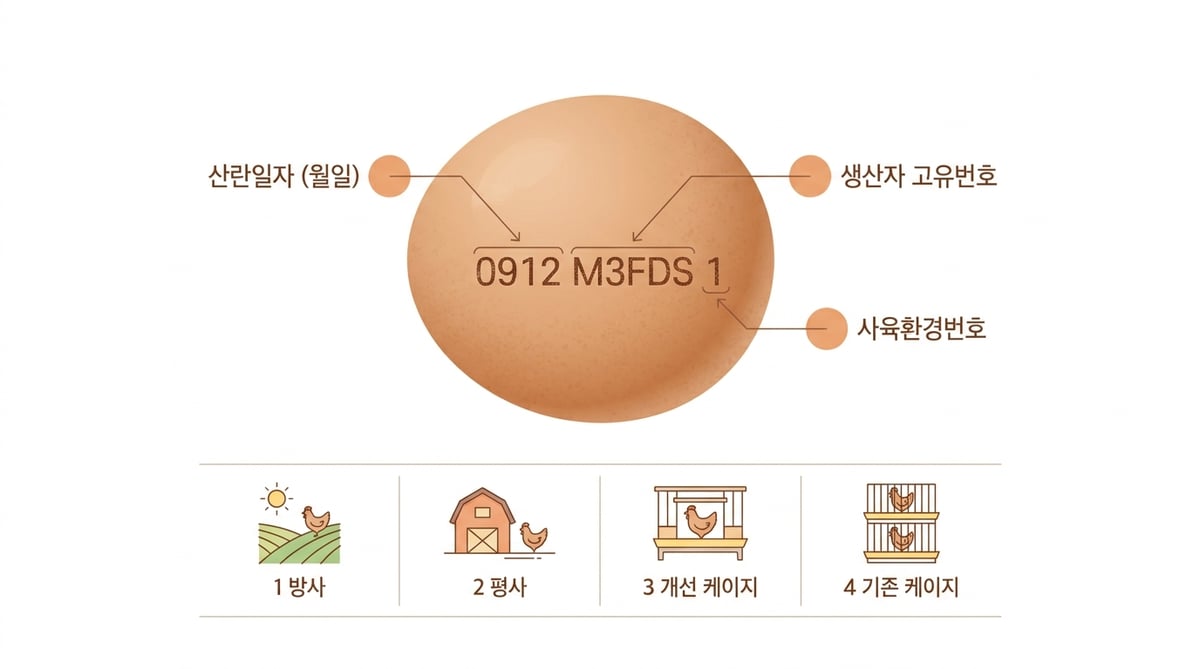 계란 껍데기 열 자리 난각 표시를 산란일자·생산자번호·사육환경번호로 나눈 설명 그림