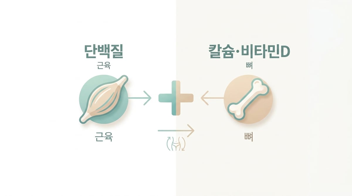 근육을 위한 단백질과 뼈를 위한 칼슘·비타민D 두 축 개념도