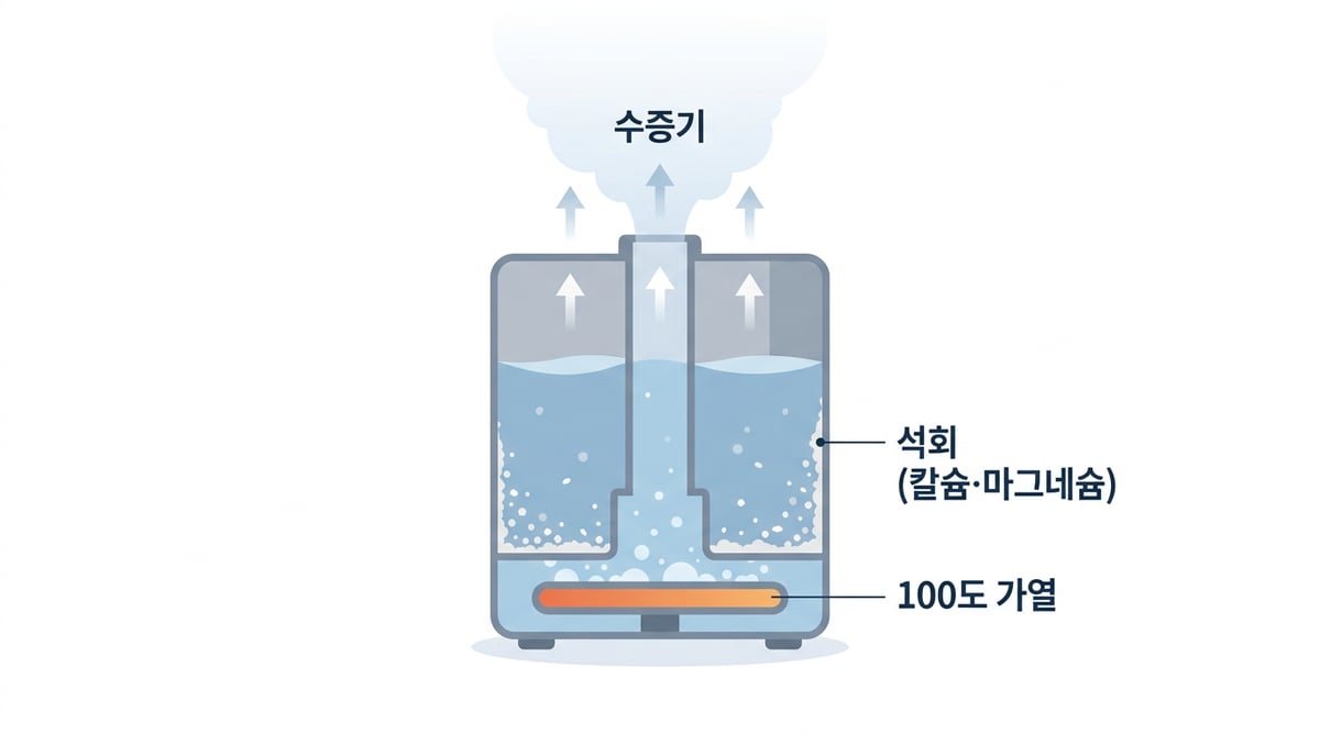 가열식 가습기가 100도로 물을 끓이면 수증기는 위로 나가고 칼슘과 마그네슘 석회는 수조 바닥과 벽에 남는 구조를 보여주는 단면도