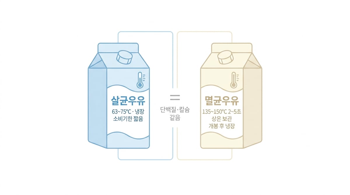 살균우유와 멸균우유의 처리 온도·보관·소비기한을 비교한 설명 그림