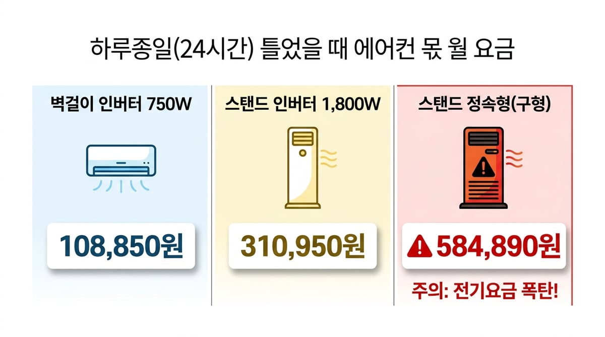 24시간 가동 시 에어컨 몫 월 요금 비교 — 벽걸이 인버터 750W 108,850원, 스탠드 인버터 1,800W 310,950원, 스탠드 정속형 584,890원