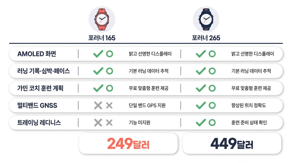 가민 포러너 165 vs 265 비교 인포그래픽 — AMOLED 화면·러닝 기록·가민 코치는 둘 다 지원, 멀티밴드 GNSS와 트레이닝 레디니스는 265만 지원, 가격은 249달러 대 449달러