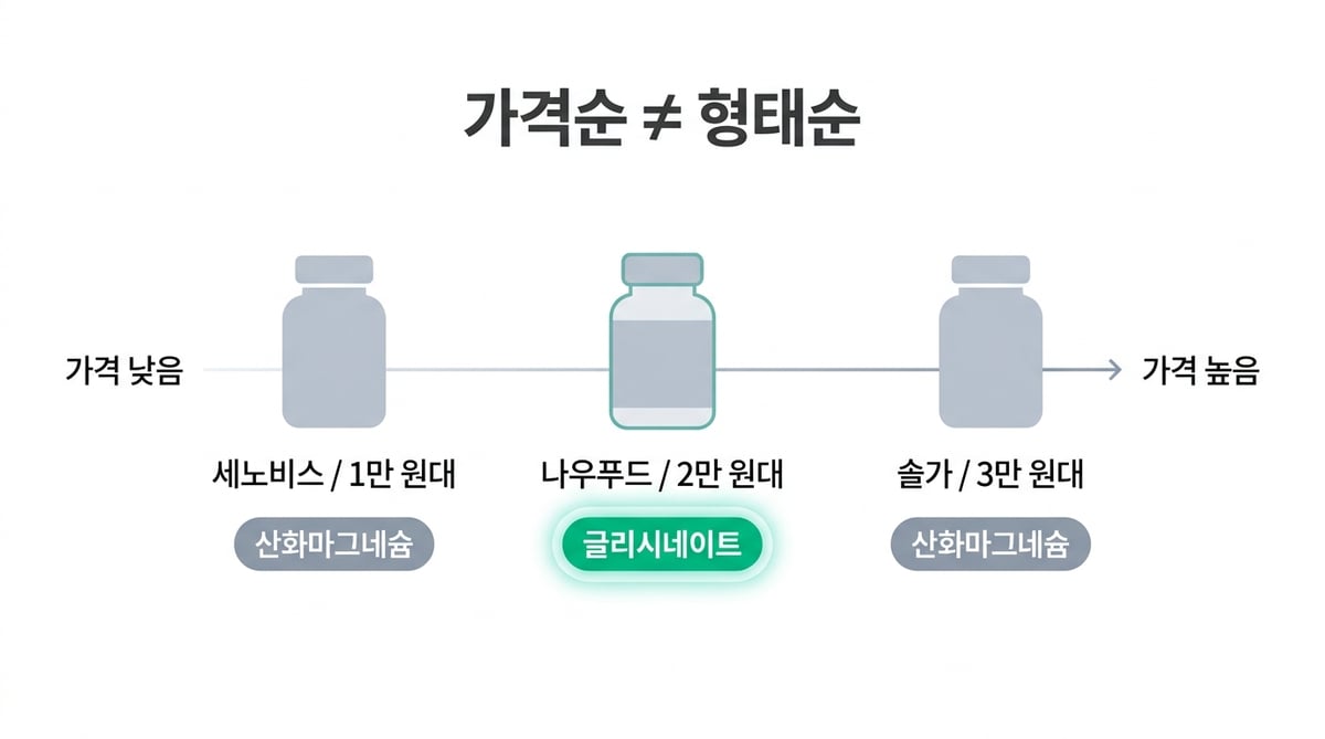 세 마그네슘 제품을 가격순으로 놓고 원료 형태를 표시한 인포그래픽