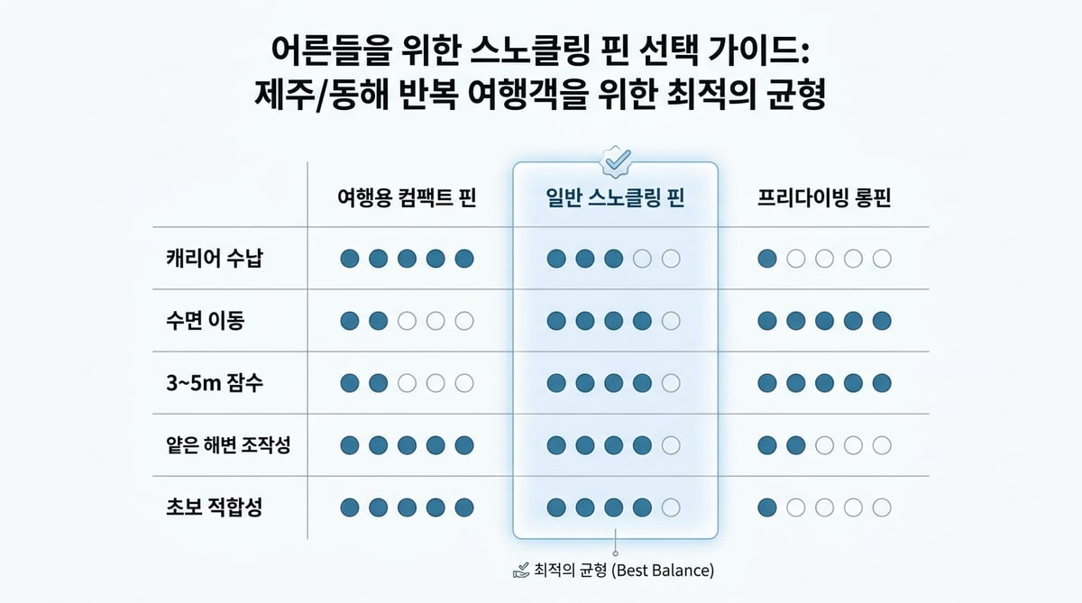 여행용 컴팩트 핀, 일반 스노클링 핀, 프리다이빙 롱핀을 캐리어 수납과 수면 이동, 3~5m 잠수, 조작성으로 비교한 표