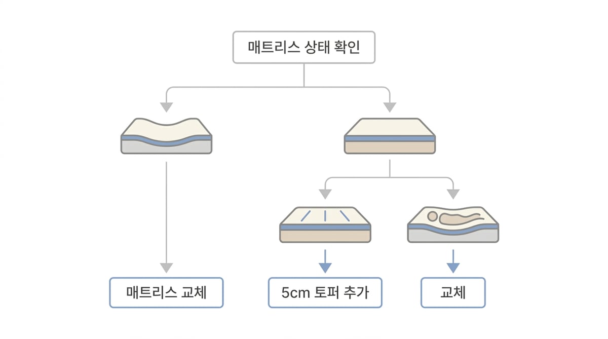 매트리스 상태에 따른 선택 흐름도 — 가운데가 꺼졌으면 매트리스 교체, 꺼짐 없이 딱딱하면 5cm 토퍼 추가, 너무 푹신하면 교체