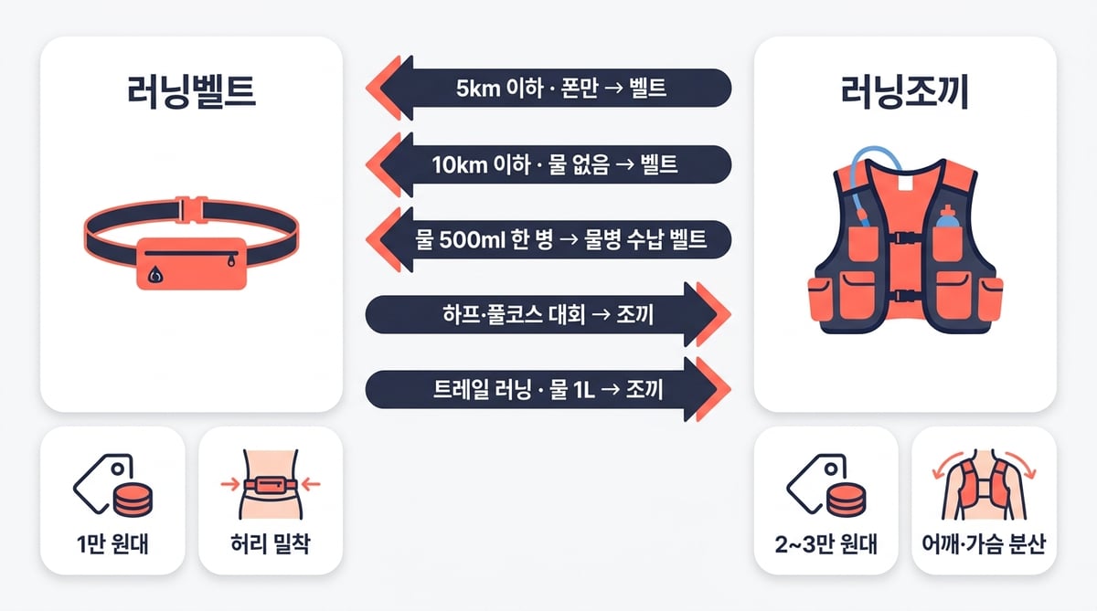 러닝벨트 vs 러닝조끼 선택 기준 인포그래픽 — 5km 이하 폰만·10km 이하 물 없음은 벨트, 물 500ml 한 병은 물병 수납 벨트, 하프·풀코스 대회와 트레일 러닝 물 1L는 조끼. 벨트는 1만 원대 허리 밀착, 조끼는 2~3만 원대 어깨·가슴 분산