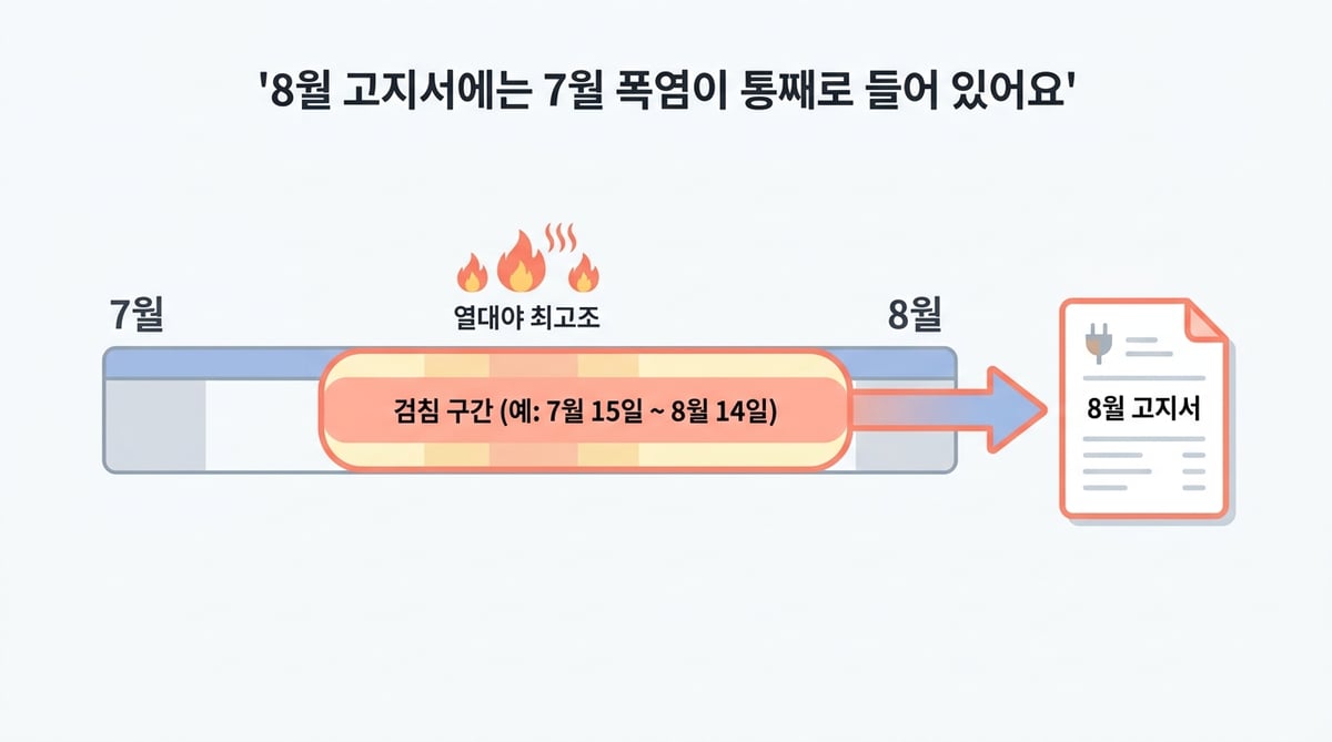 전기요금 검침 주기 다이어그램 — 7월 15일부터 8월 14일까지 검침 구간의 열대야 사용량이 8월 고지서에 반영되는 구조