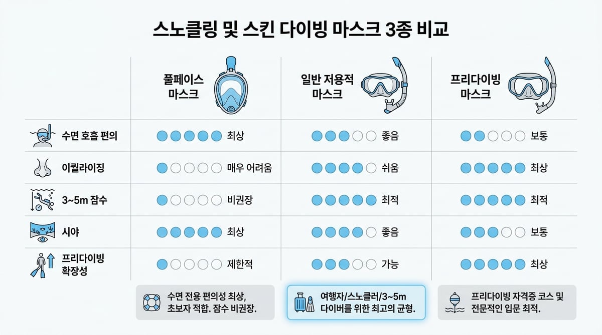 풀페이스 마스크, 일반 저용적 마스크, 프리다이빙 마스크의 차이를 비교한 인포그래픽