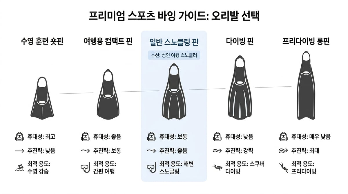 수영 훈련 숏핀부터 여행용 컴팩트 핀, 일반 스노클링 핀, 다이빙 핀, 프리다이빙 롱핀까지 길이와 용도를 비교한 인포그래픽