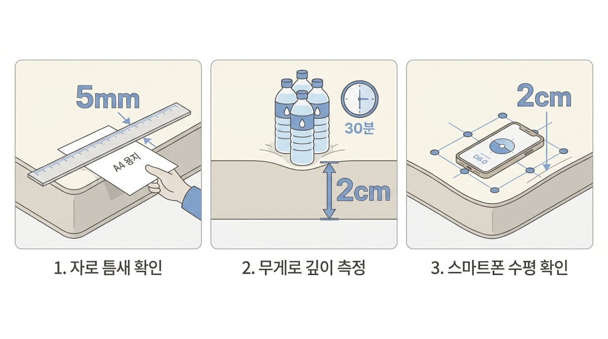 매트리스 꺼짐을 집에서 확인하는 세 가지 방법 인포그래픽 — 자와 A4 용지로 틈 5mm 확인, 물병 무게를 30분 올린 뒤 깊이 2cm 측정, 스마트폰 수평계로 9지점 높이 차 2cm 확인