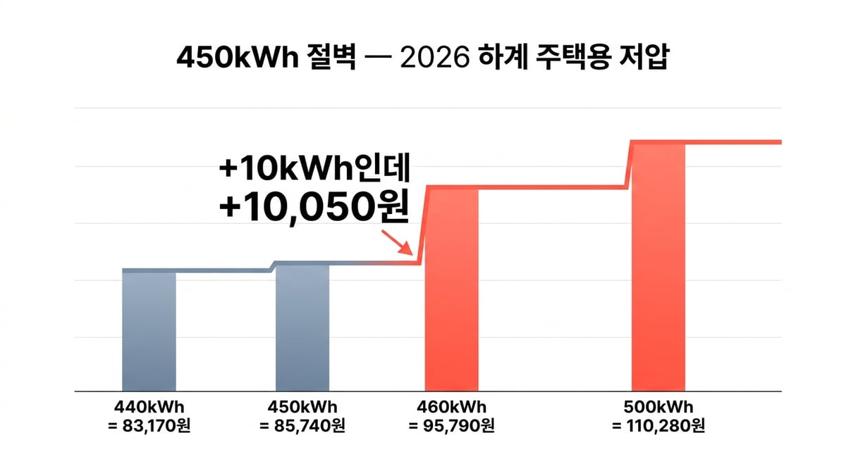 2026 하계 주택용 저압 450kWh 누진 절벽 차트 — 440kWh 83,170원, 450kWh 85,740원, 460kWh 95,790원, 500kWh 110,280원. 10kWh 차이에 10,050원 증가