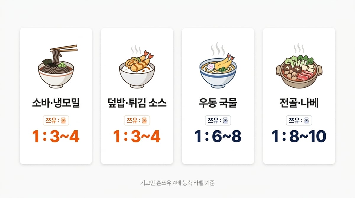 요리별 쯔유와 물의 희석 비율 인포그래픽. 소바와 냉모밀 1대 3에서 4, 덮밥과 튀김 소스 1대 3에서 4, 우동 국물 1대 6에서 8, 전골과 나베 1대 8에서 10