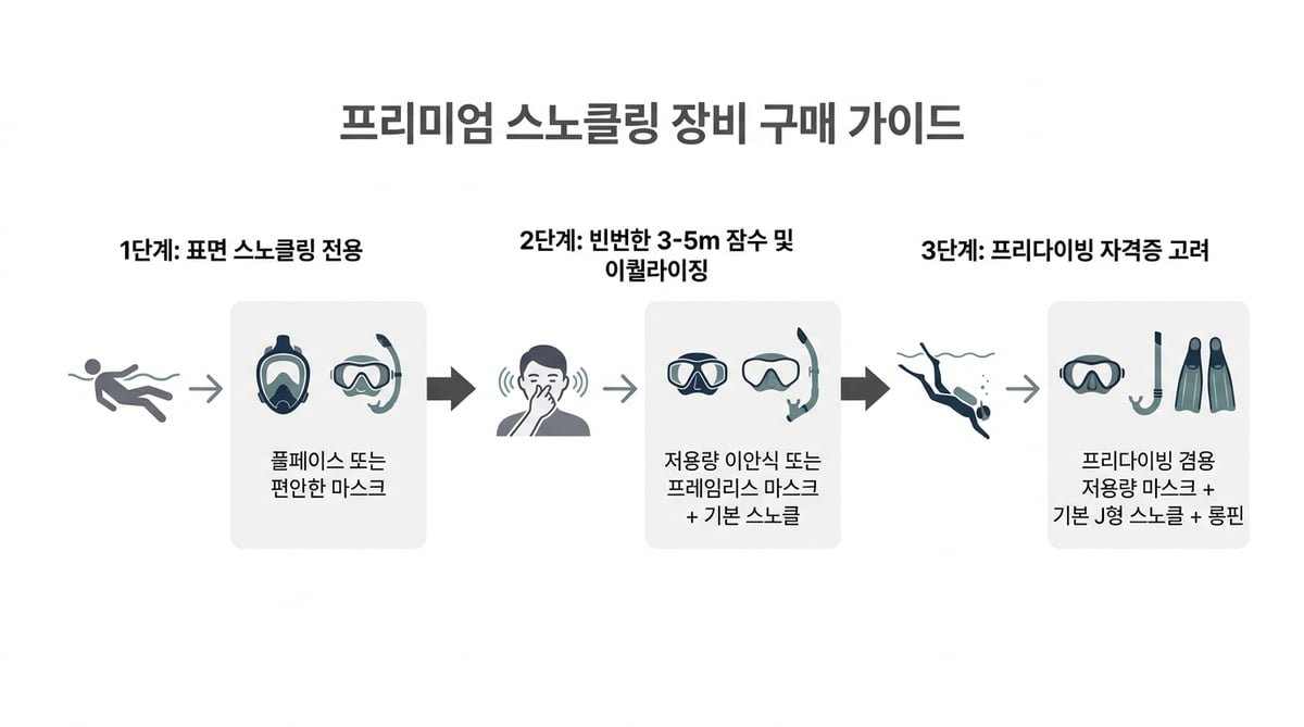 수면 스노클링부터 3~5m 스킨다이빙, 프리다이빙 입문까지 장비 선택 흐름을 보여주는 인포그래픽
