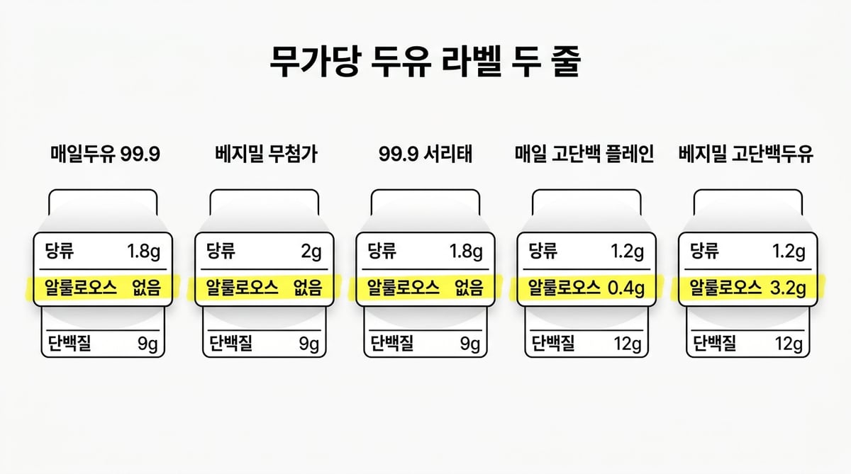 무가당 두유 5종 라벨 인포그래픽. 당류 1.8g 2g 1.8g 1.2g 1.2g, 알룰로오스 없음 없음 없음 0.4g 3.2g, 단백질 9g 9g 9g 12g 12g