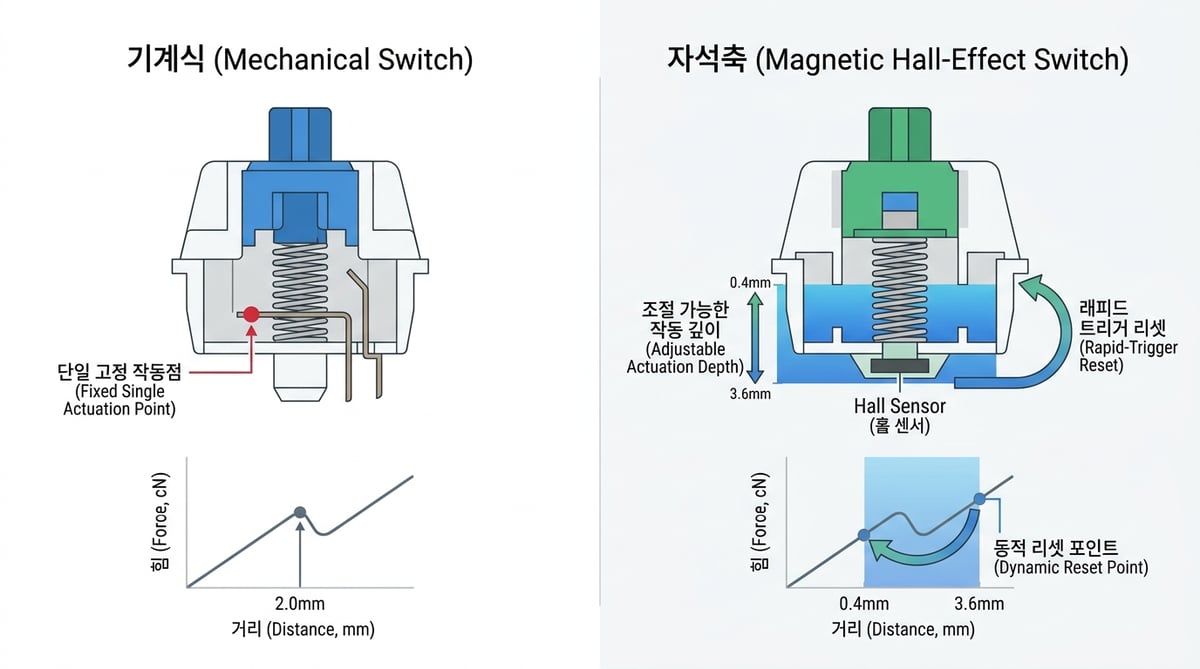 기계식 키보드와 자석축 키보드의 작동 원리 비교 — 고정 작동점 vs 조절 가능한 작동 깊이와 래피드 트리거