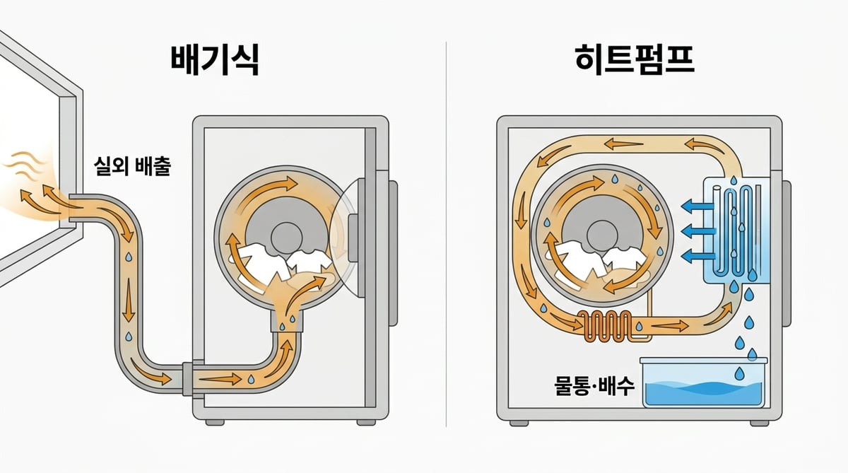배기식은 습한 공기를 실외로 보내고 히트펌프식은 수분을 물통이나 배수로 모으는 구조 비교