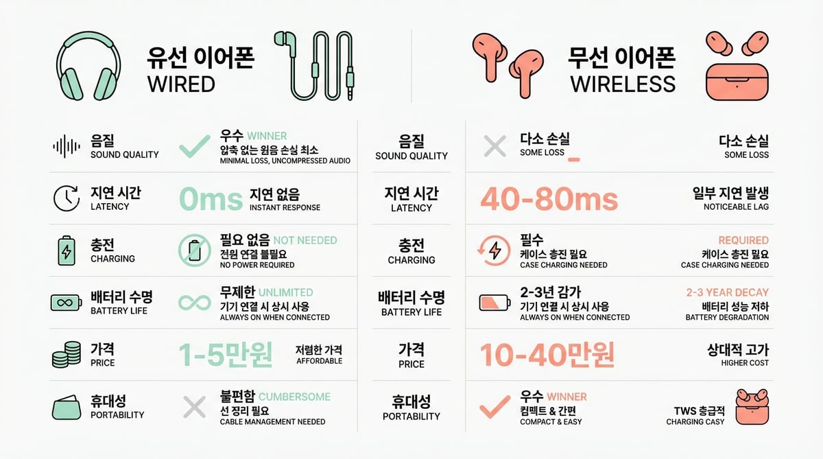 Clean modern minimal infographic comparing WIRED vs WIRELESS earphones. Split layout: left side labe