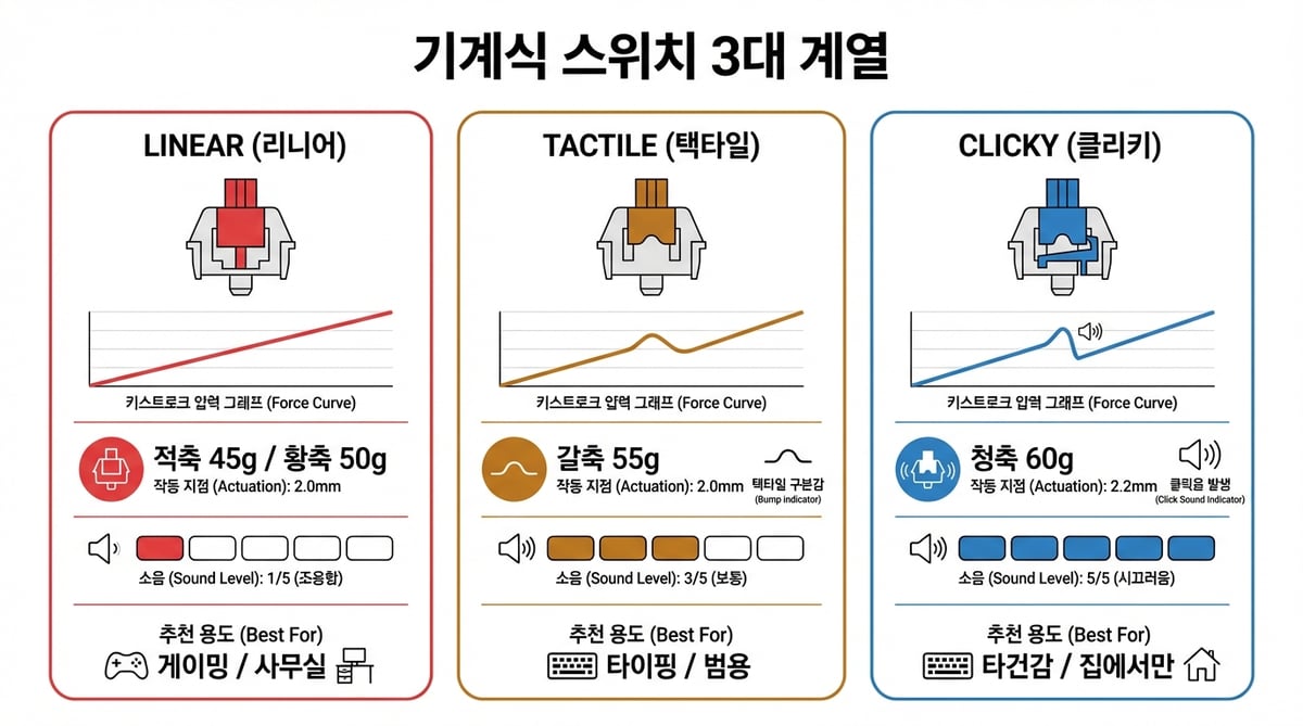 기계식 키보드 스위치 3대 계열 분류 인포그래픽 — 리니어, 택타일, 클리키