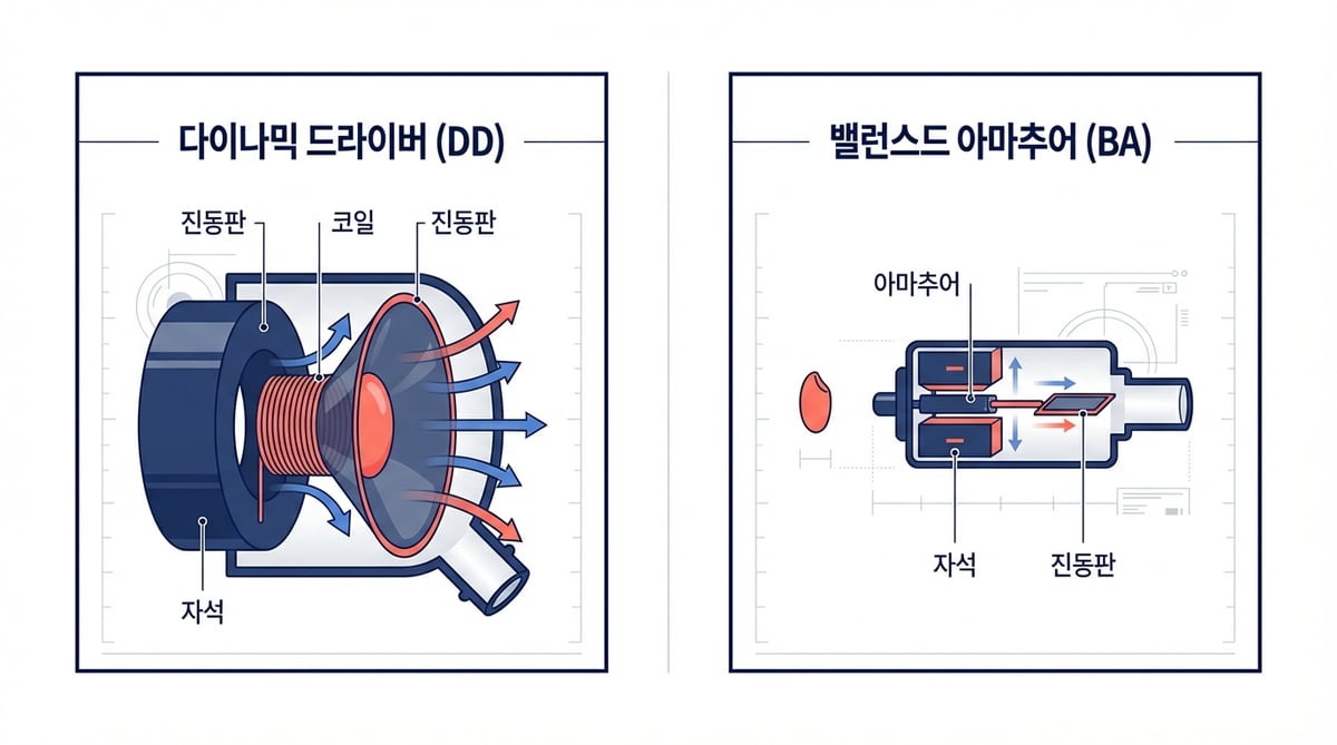 다이나믹 드라이버(DD)와 밸런스드 아마추어(BA) 드라이버의 구조 비교 인포그래픽