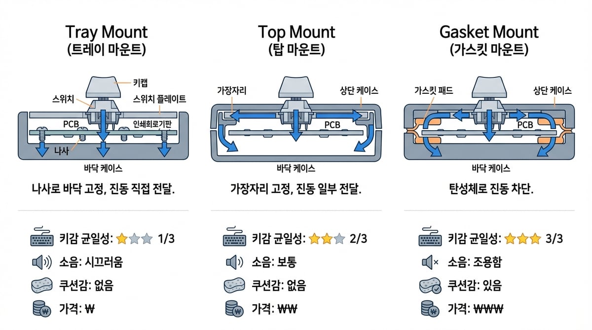 트레이 마운트 vs 탑 마운트 vs 가스킷 마운트 단면 비교 인포그래픽