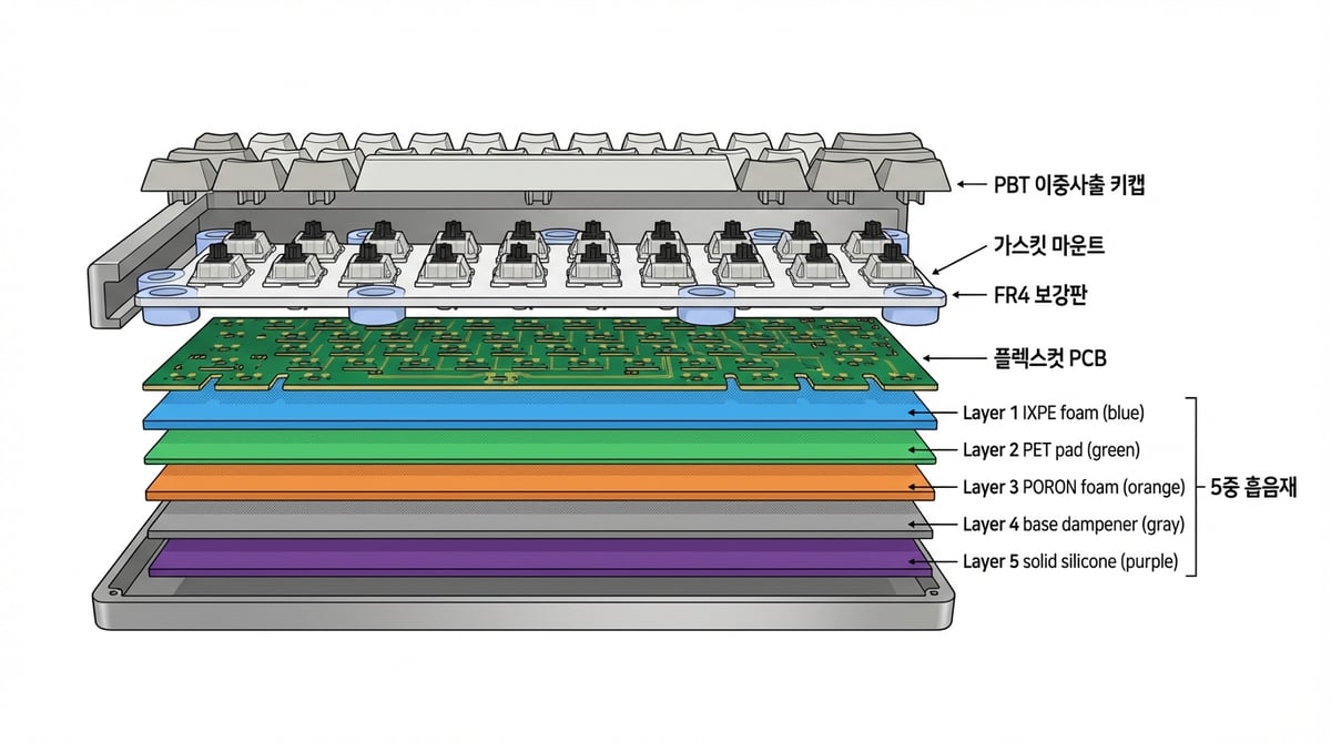 독거미 F108 Pro 내부 구조 인포그래픽 — 가스킷 마운트, 5중 흡음재, 플렉스컷 PCB