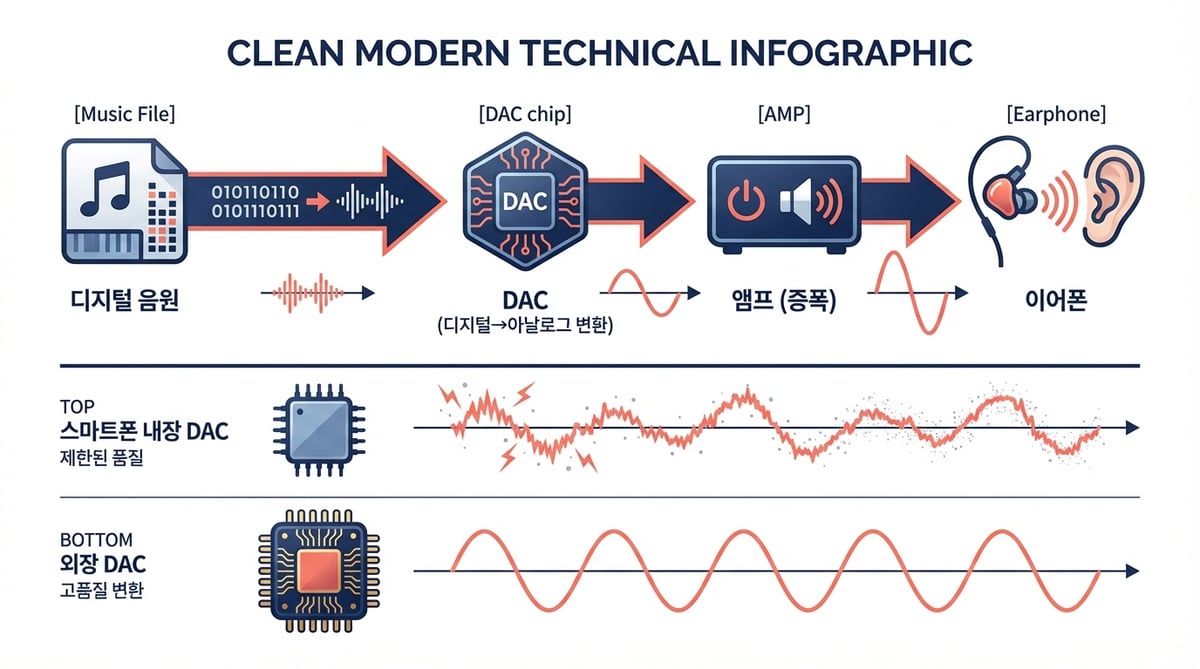 디지털 음원에서 귀까지의 오디오 신호 체인 인포그래픽 - DAC과 앰프의 역할