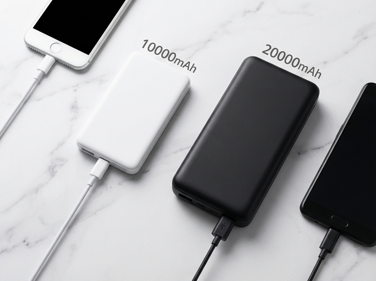 10000mAh 화이트 보조배터리와 20000mAh 블랙 보조배터리를 나란히 비교하는 제품 사진