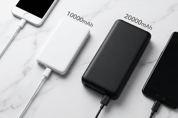 10000mAh 화이트 보조배터리와 20000mAh 블랙 보조배터리를 나란히 비교하는 제품 사진