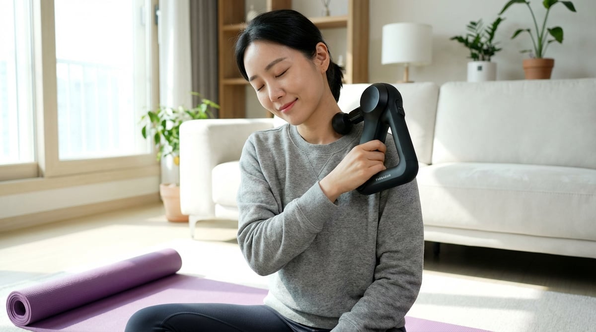 집에서 요가 매트 위에서 마사지건으로 어깨를 풀고 있는 30대 한국 여성